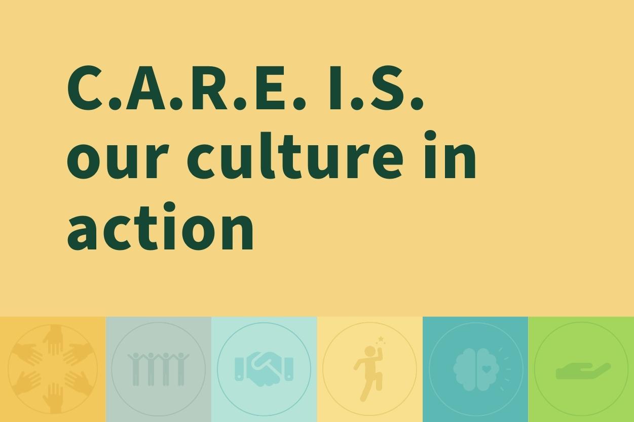 Graphic with the text “C.A.R.E. I.S. our culture in action” in bold green letters on a yellow background, with icons representing values such as collaboration, respect, and support along the bottom.