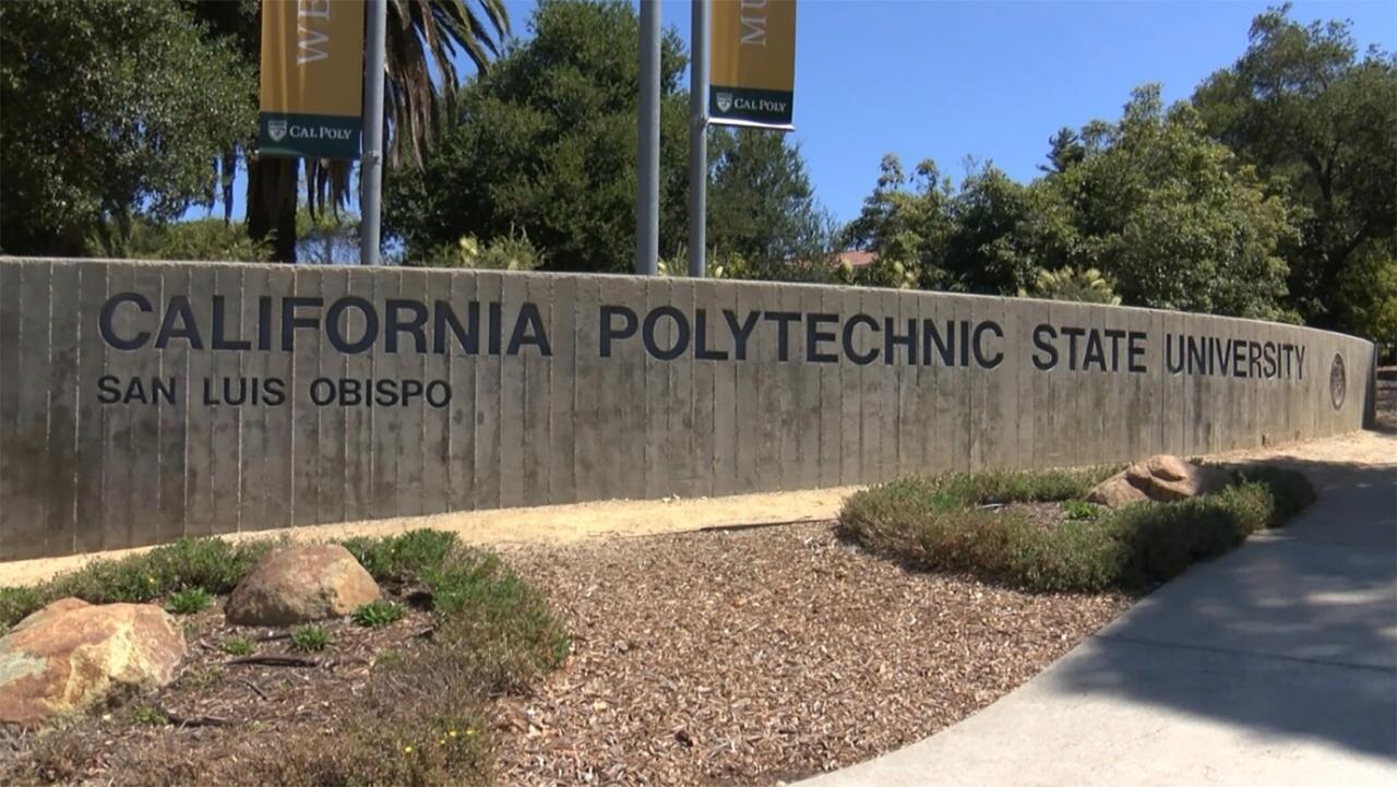 Entrance sign for California Polytechnic State University, San Luis Obispo, surrounded by trees and landscaping on a sunny day.
