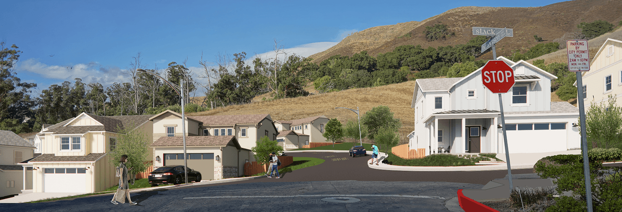 Street-level view of a suburban neighborhood on a hillside, featuring modern two-story homes, pedestrians walking, a stop sign, and a city permit parking sign.